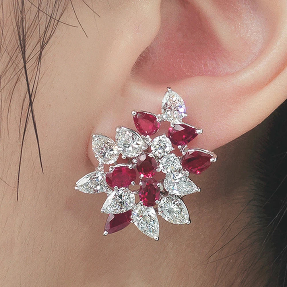 Sparkling Red Cubic Zirconia Stud Earrings for Women Temperament Elegant Female Engagement Wedding Earring Party Jewelry