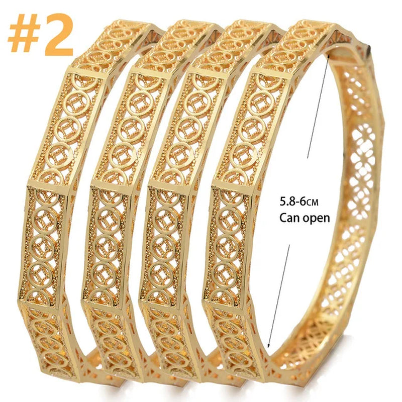 4Pcs/Lot Dubai Gold Color Plated Bracelet Flowers African Bridal Luck Bamboo Bangles for Women Wedding Jewelery Gifts