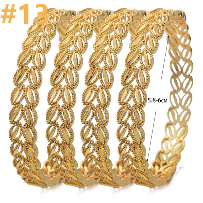 4Pcs/Lot Dubai Gold Color Plated Bracelet Flowers African Bridal Luck Bamboo Bangles for Women Wedding Jewelery Gifts