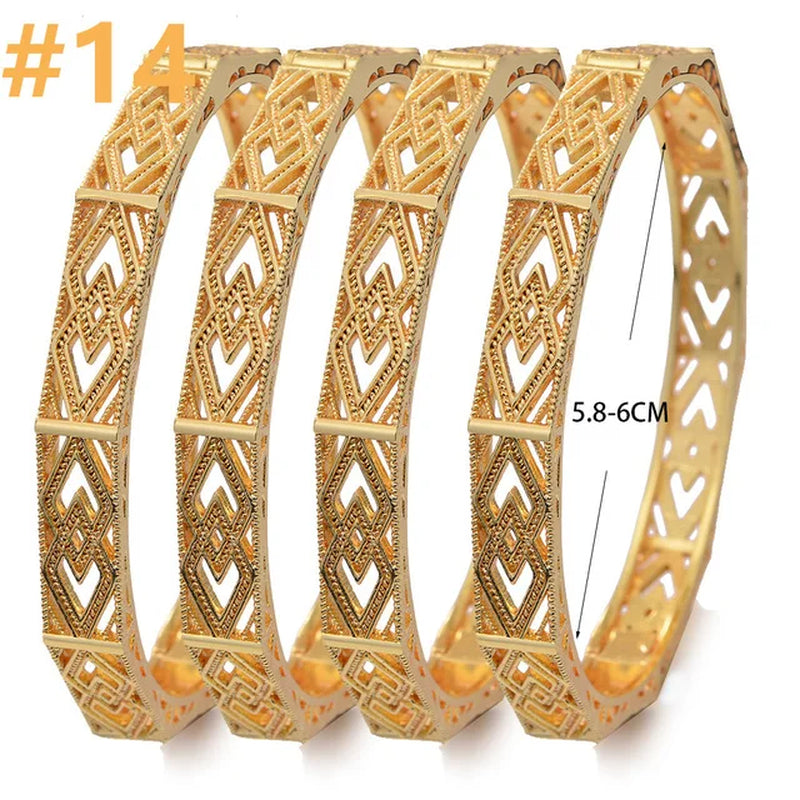 4Pcs/Lot Dubai Gold Color Plated Bracelet Flowers African Bridal Luck Bamboo Bangles for Women Wedding Jewelery Gifts