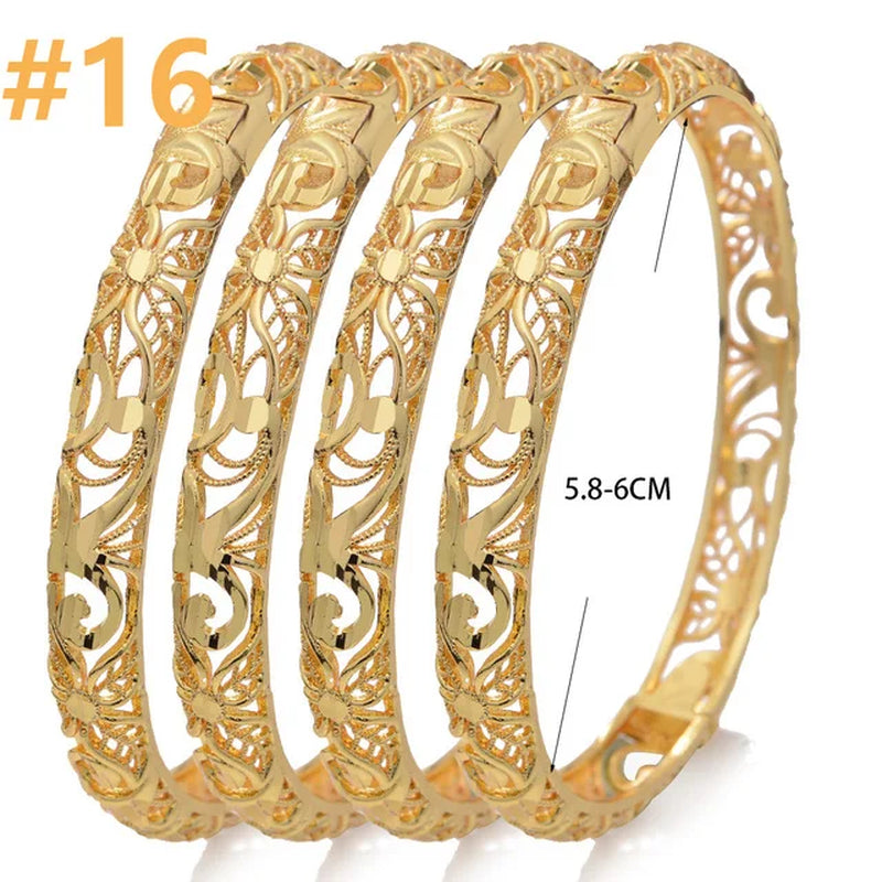 4Pcs/Lot Dubai Gold Color Plated Bracelet Flowers African Bridal Luck Bamboo Bangles for Women Wedding Jewelery Gifts