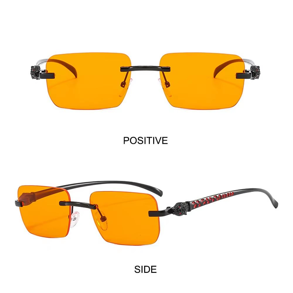 Gradient Leopard Head Decorated Sunglasses Rimless Rectangular Sun Glasses for Women Street Shooting Eyewear UV Protection