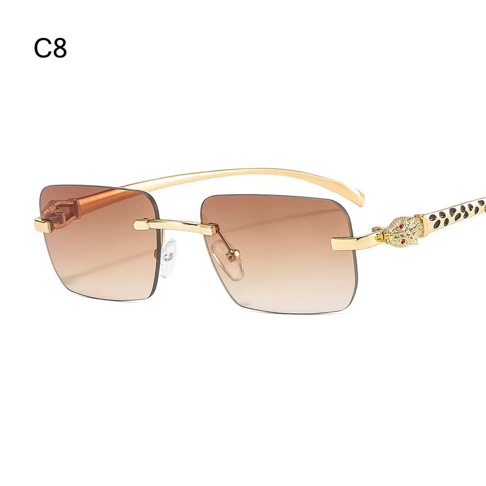 Gradient Leopard Head Decorated Sunglasses Rimless Rectangular Sun Glasses for Women Street Shooting Eyewear UV Protection