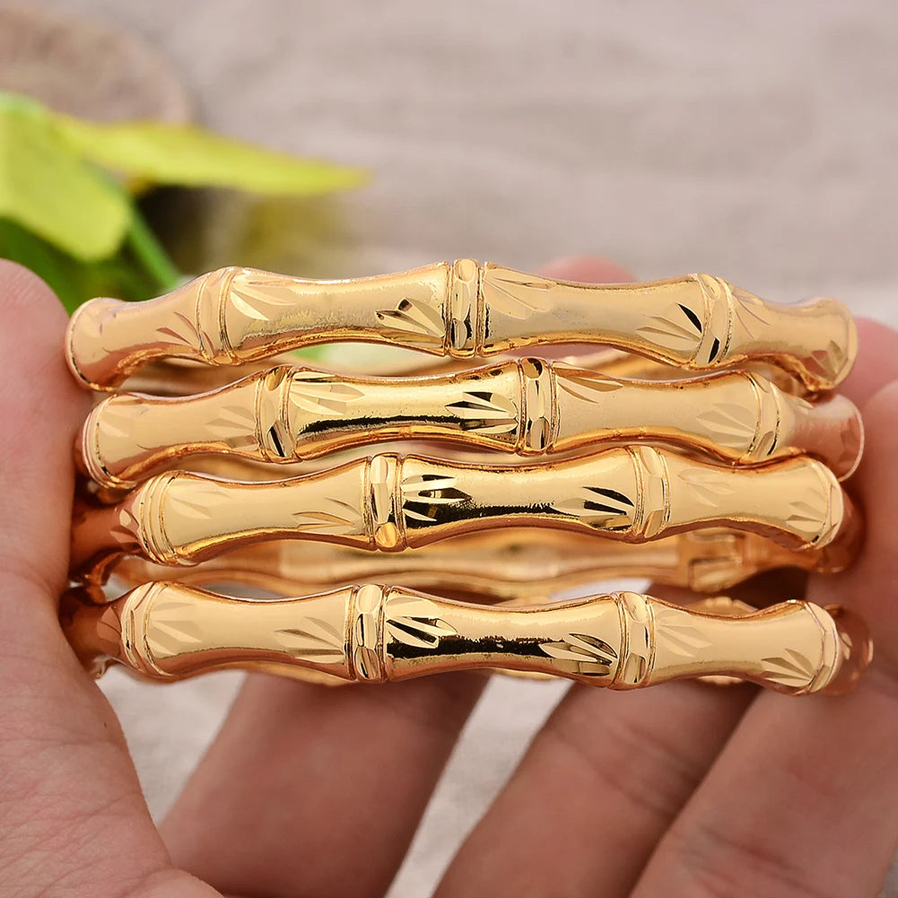 4Pcs/Lot Dubai Gold Color Plated Bracelet Flowers African Bridal Luck Bamboo Bangles for Women Wedding Jewelery Gifts