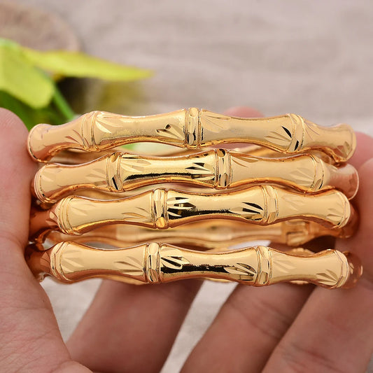 4Pcs/Lot Dubai Gold Color Plated Bracelet Flowers African Bridal Luck Bamboo Bangles for Women Wedding Jewelery Gifts