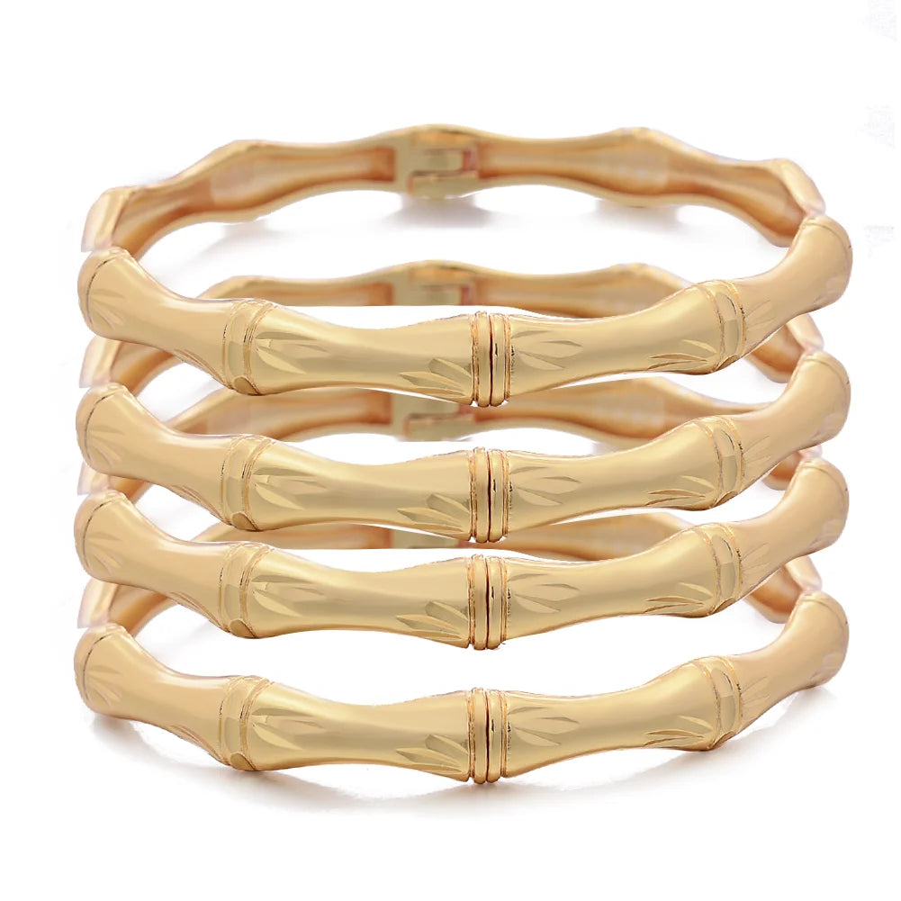 4Pcs/Lot Dubai Gold Color Plated Bracelet Flowers African Bridal Luck Bamboo Bangles for Women Wedding Jewelery Gifts