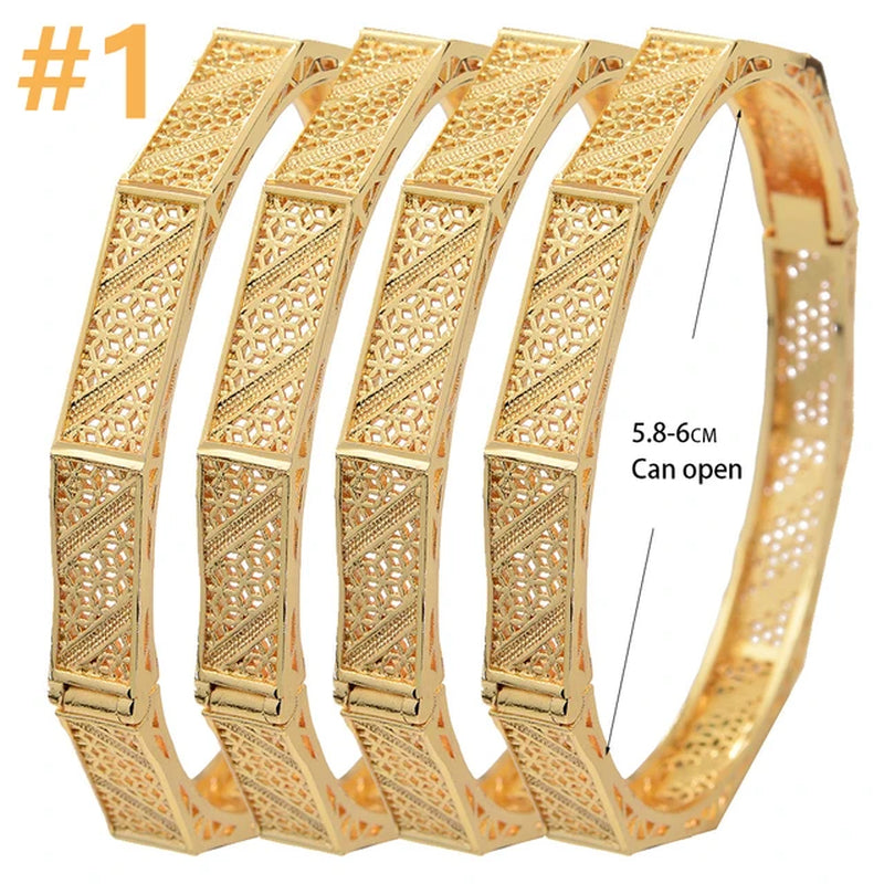 4Pcs/Lot Dubai Gold Color Plated Bracelet Flowers African Bridal Luck Bamboo Bangles for Women Wedding Jewelery Gifts