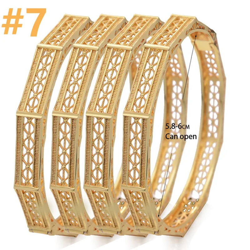 4Pcs/Lot Dubai Gold Color Plated Bracelet Flowers African Bridal Luck Bamboo Bangles for Women Wedding Jewelery Gifts