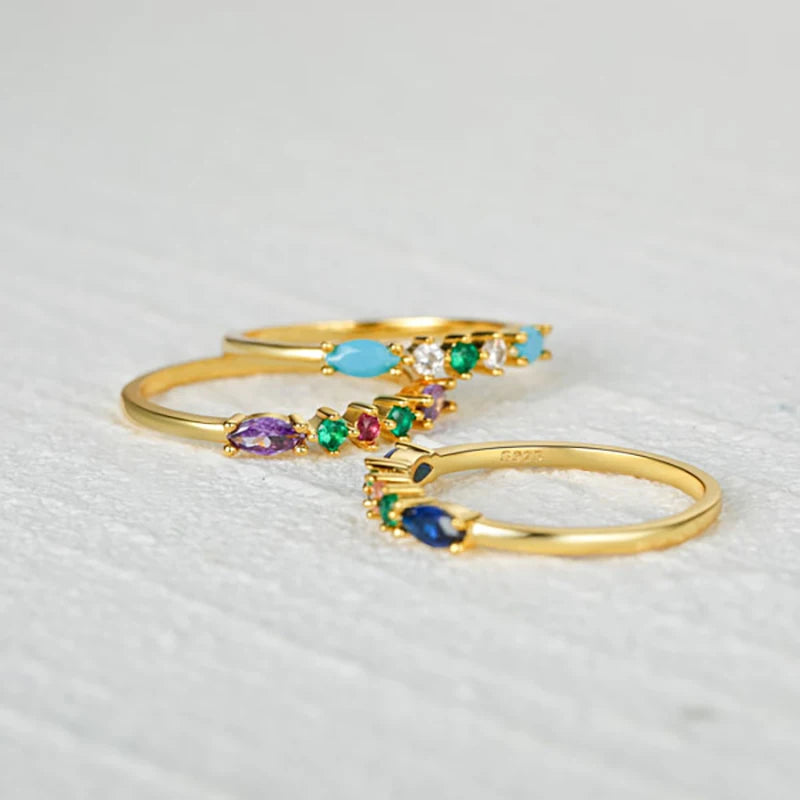Sky Blue Turquoise Purple Zircon 925 Sterling Silver 18K Gold Plated Rings for Women Girls Fine Jewelry Anillos Gifts