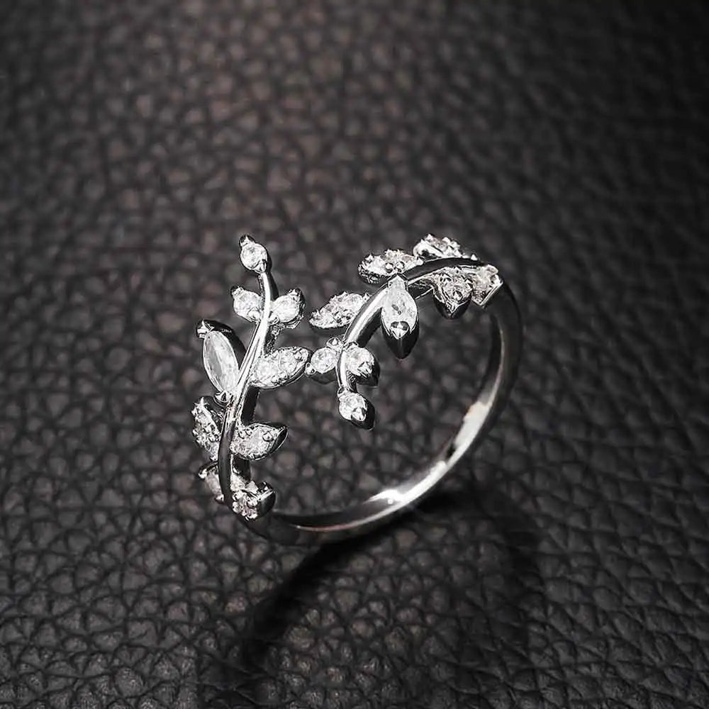 Fancy Leaf Design Adjustable Opening Rings for Women Sparkling Cubic Zirconia Olive Ring Party Daily Wear Fashion Jewelry