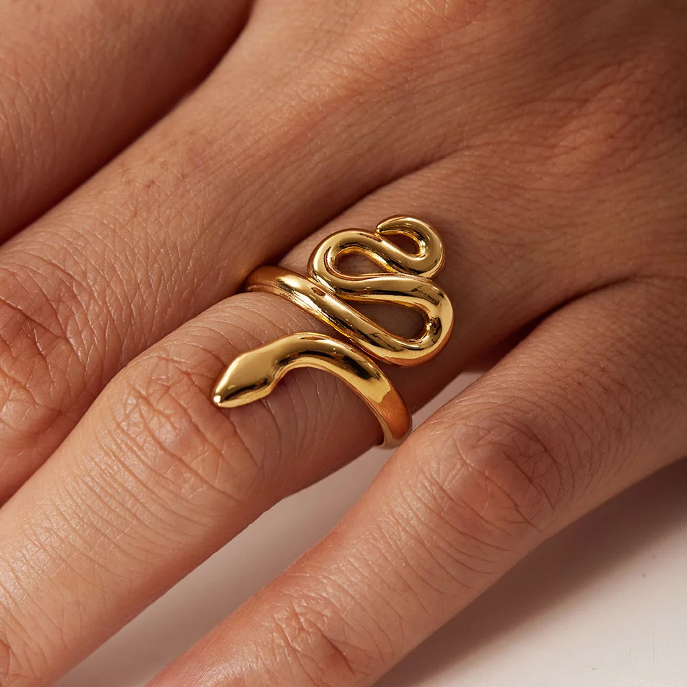 18K Gold Plated Stainless Steel Geometric Heart Snake Shape Finger Rings for Women Adjustable Open Design Jewelry Rings